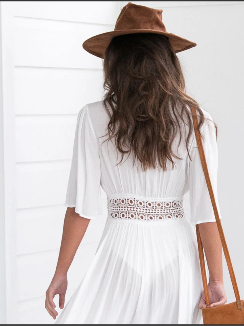 White Lace-Panel Boho Midi Dress beach wrap cover up - Picture 4 of 5
